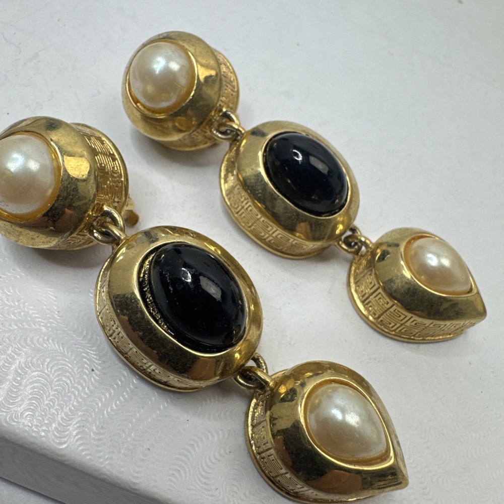 Vintage GIVENCHY Paris NY GoldTone FauxPearl Dangle Clip Statement Earrings Rare